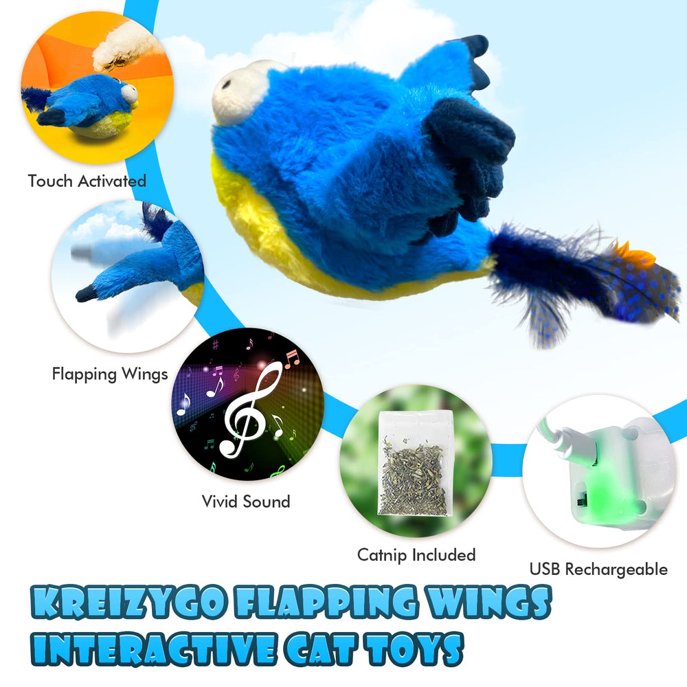 KreizyGo blue bird chirps and flaps to stimulate hunting instincts