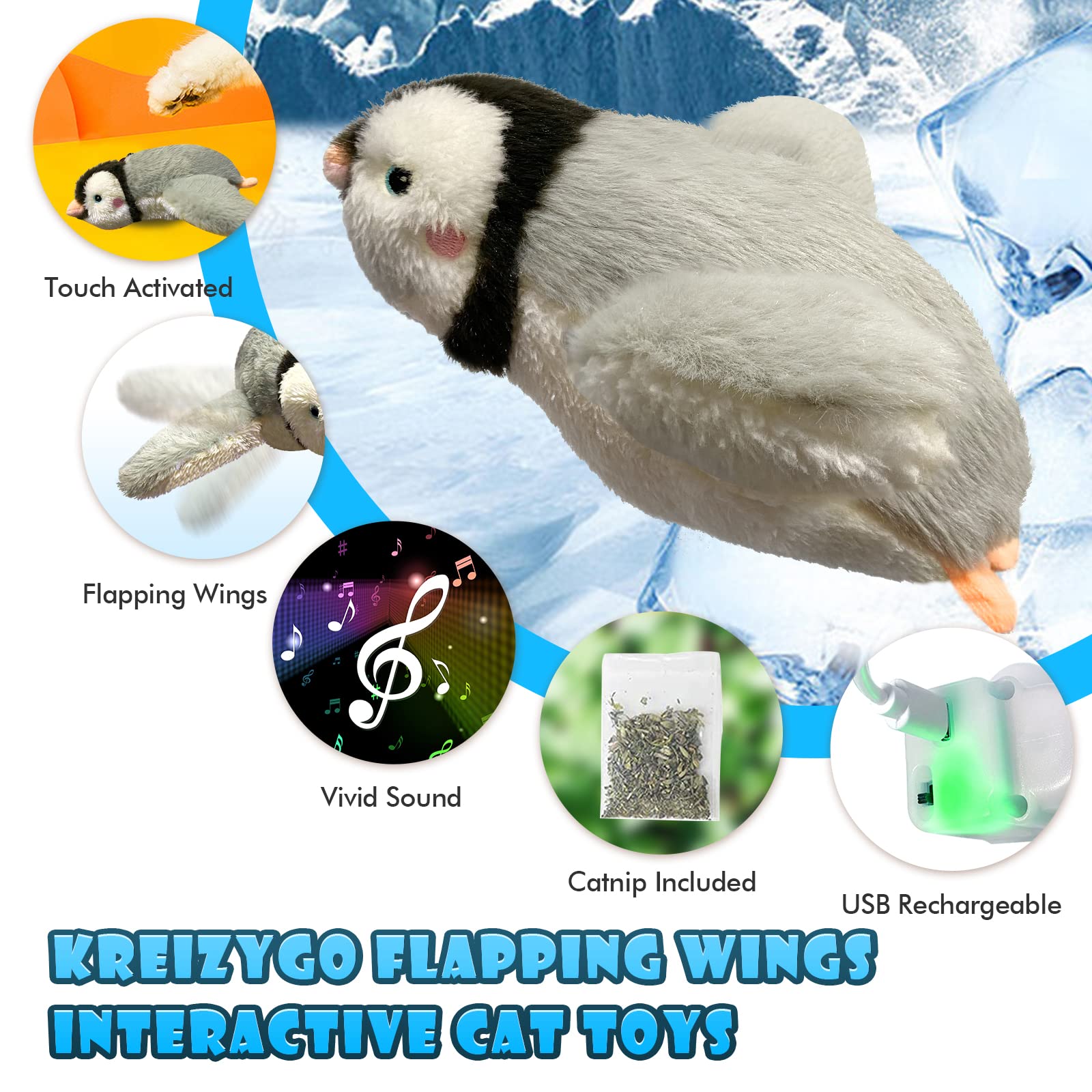 KreizyGo cat toys penguin chirping action close-up highlights two-way wing vibration for hunting instinct