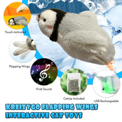 KreizyGo cat toys penguin chirping action close-up highlights two-way wing vibration for hunting instinct