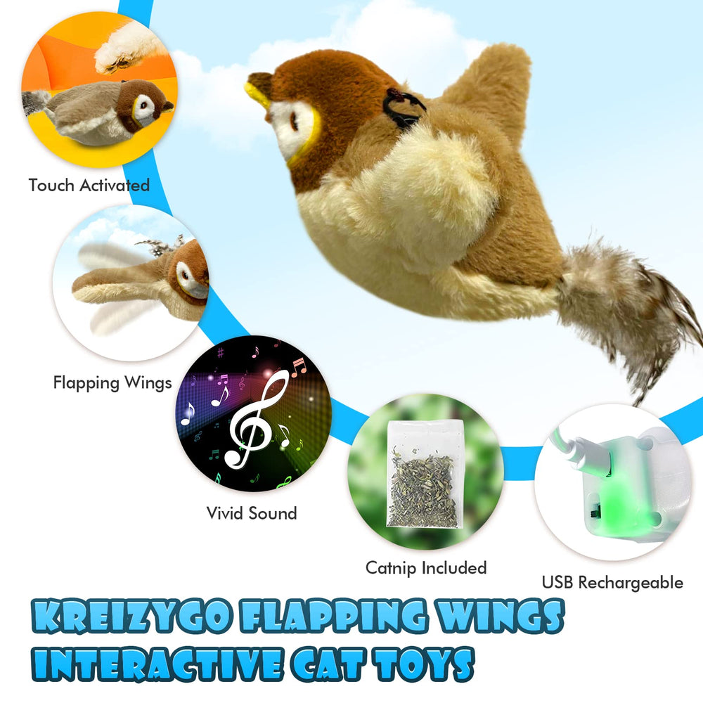 KreizyGo sparrow toy in action engaging cats with chirps and movement.