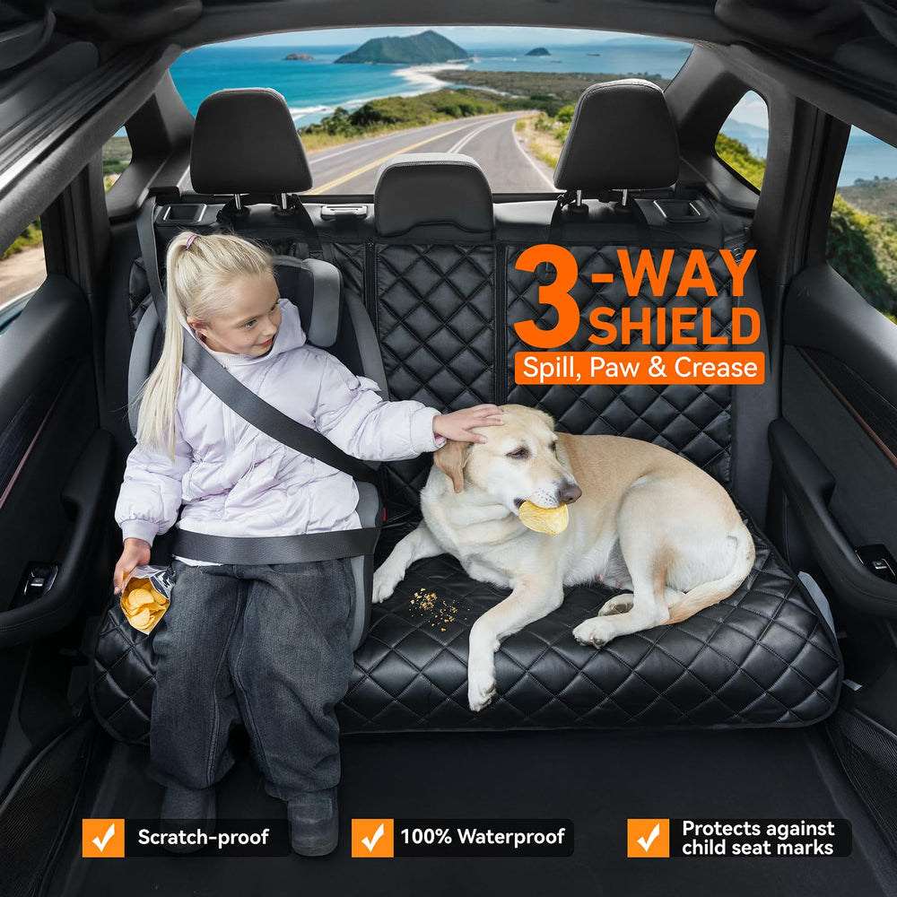 KritterKorner dog car seat cover close-up highlights scratch-resistant durable PU leather
