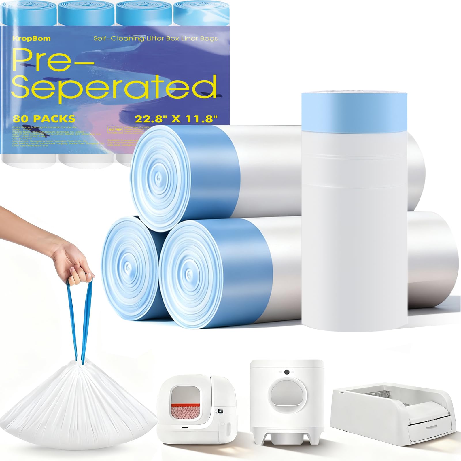 KropBom 80count auto cat litter bags roll—bulk waste bags for quick disposal and convenience.