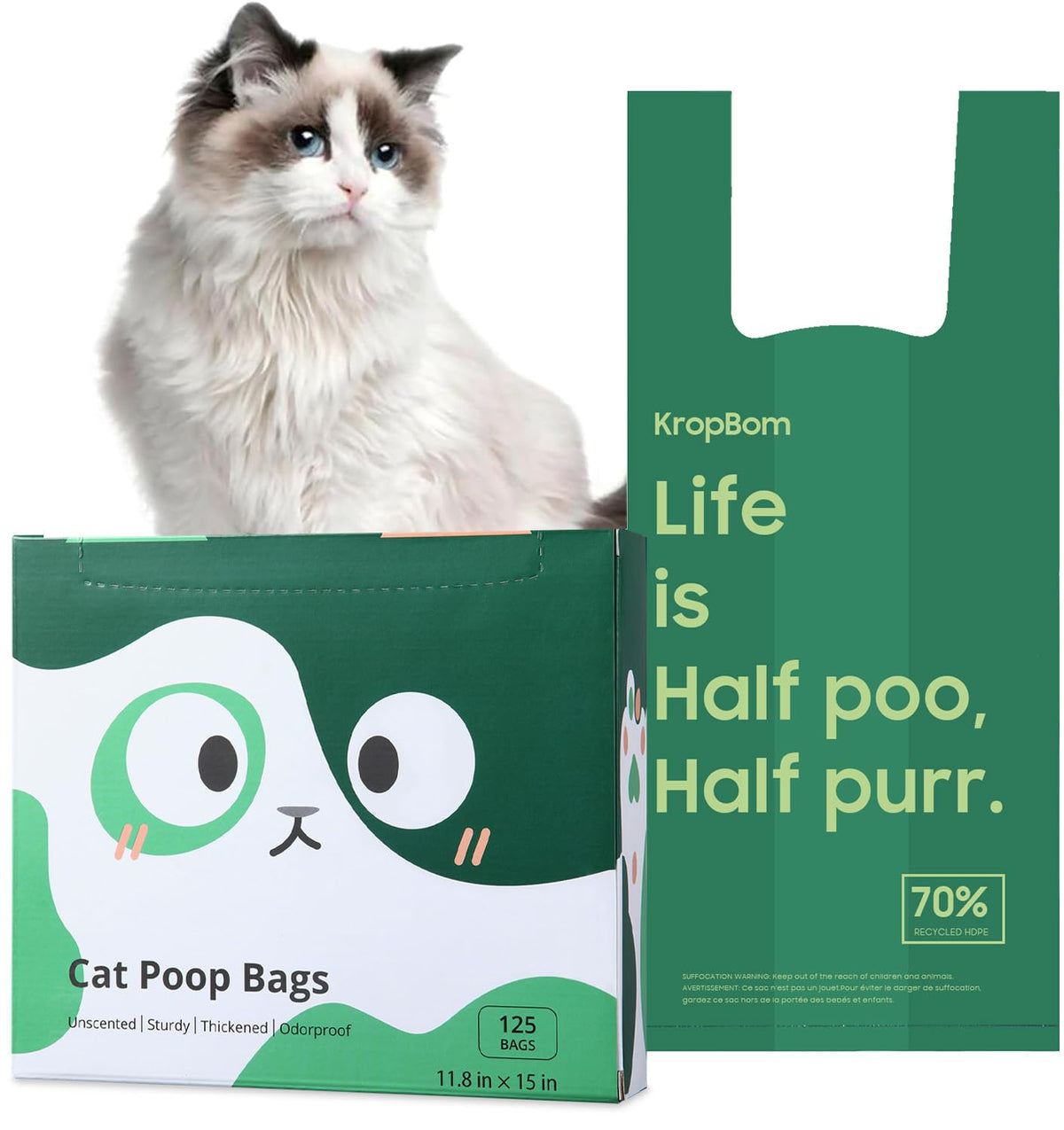KropBom cat poop bags with handles provide easy tying for cleanup.