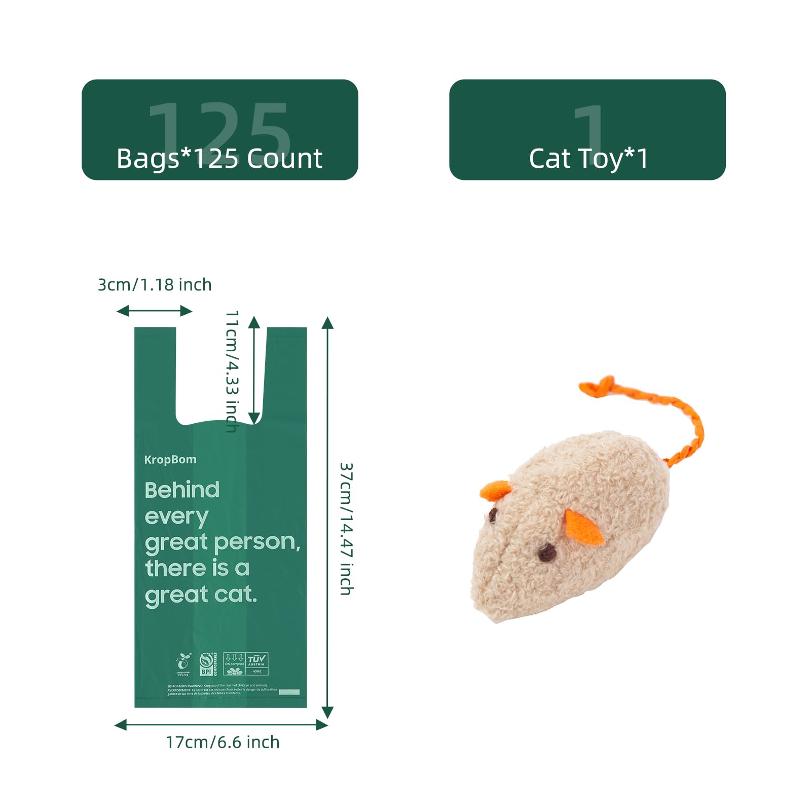 KropBom packaging box showing a cat toy included for value