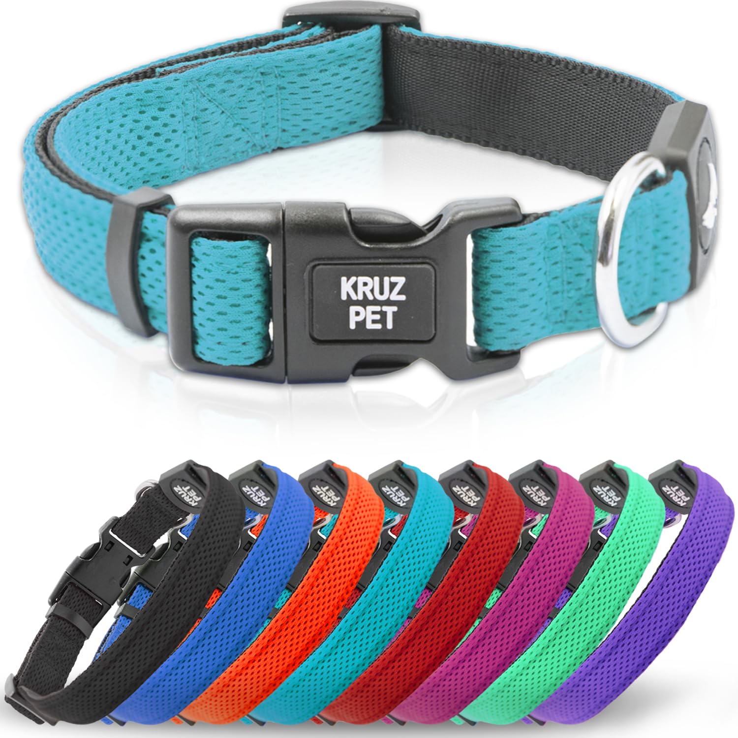 KRUZ PET small turquoise collar front view for comfy daily wear and visibility.