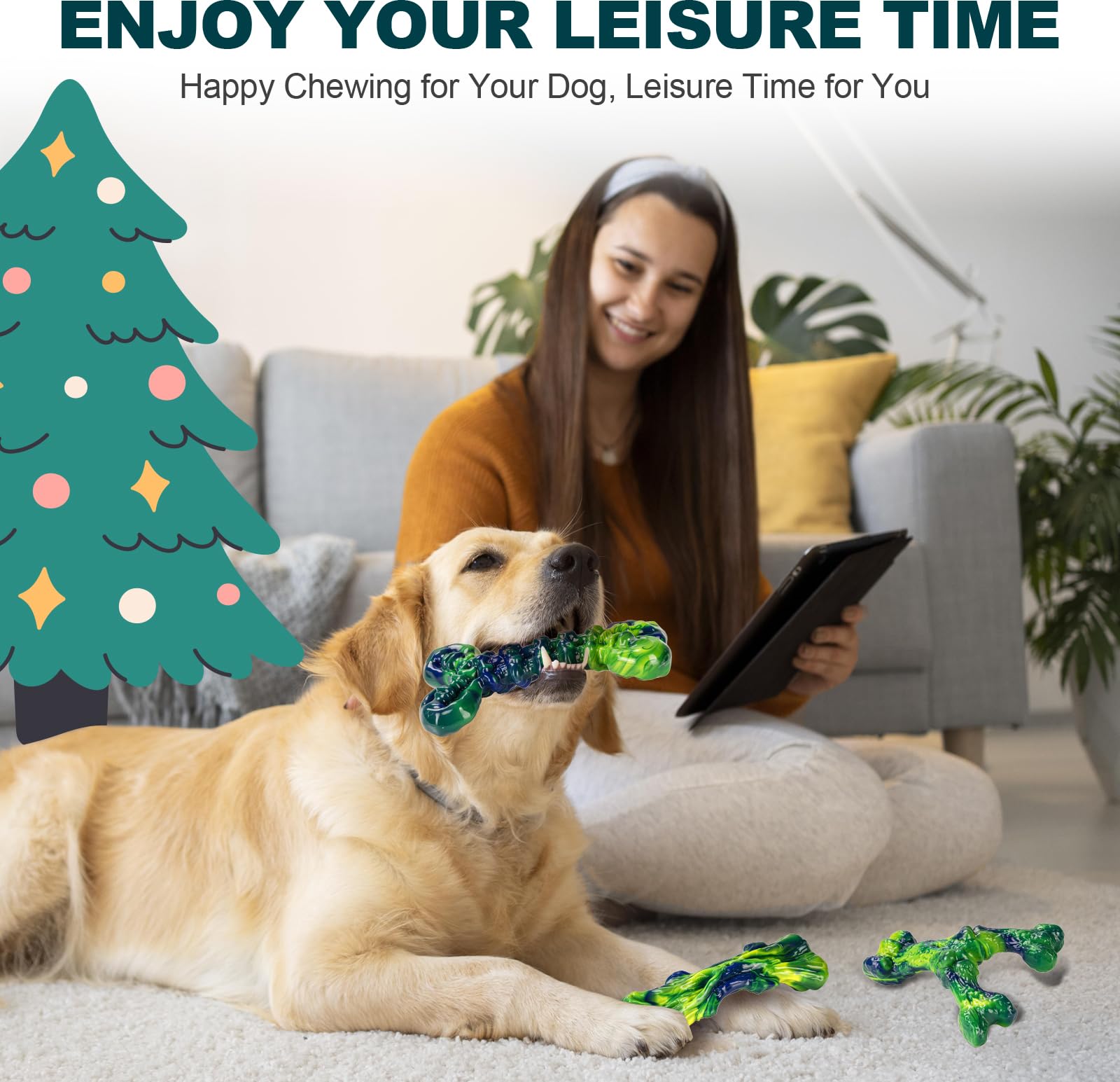 Kseroo medium-to-large dogs 25–80 lbs using chews during quiet time.