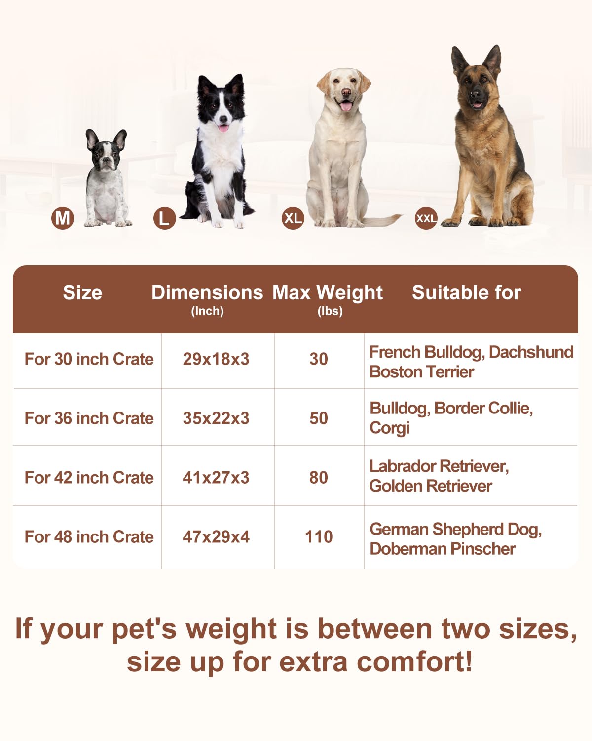 KSIIA 35x22-inch bed provides secure, comfortable crate setup for large dogs.