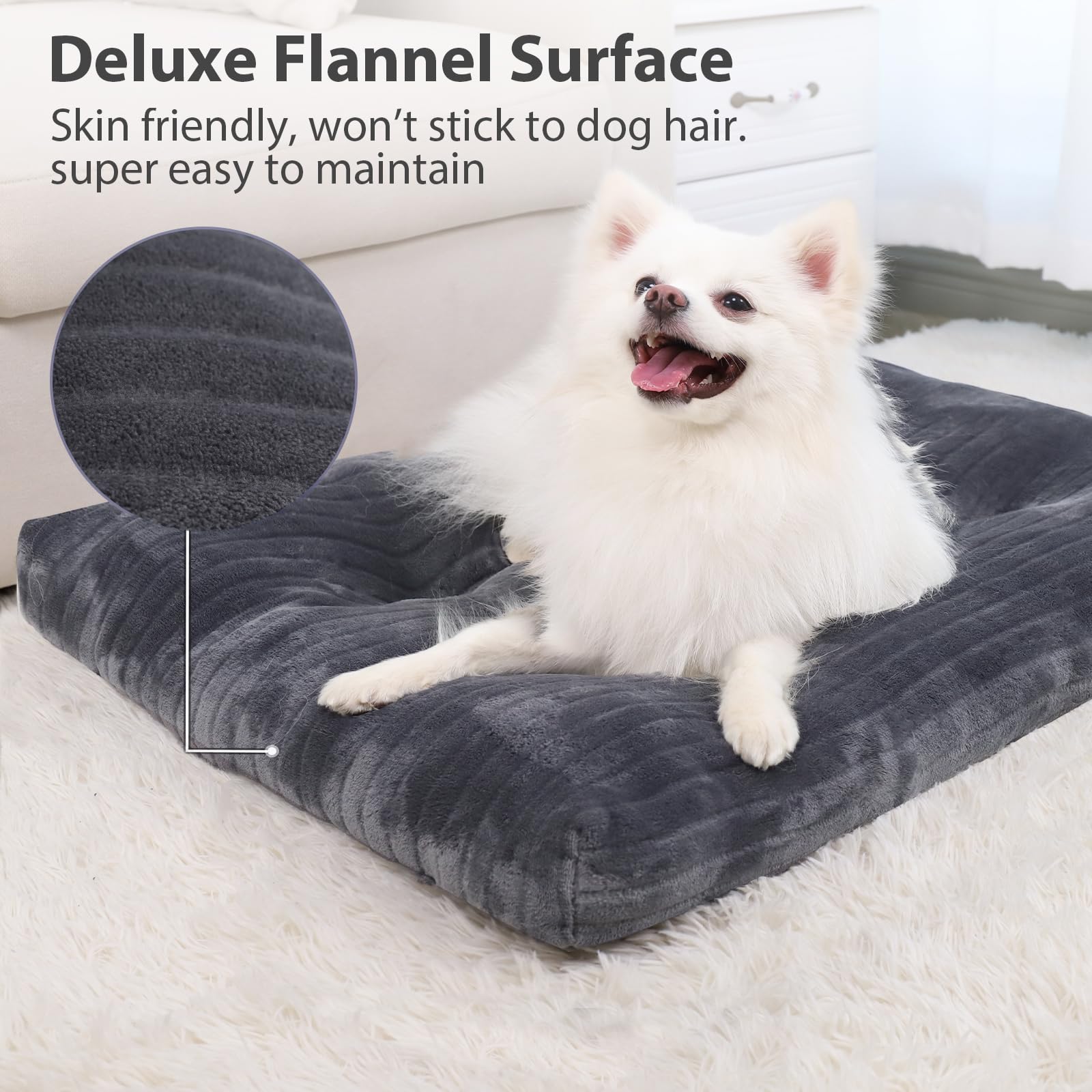 KSIIA dog crate bed surface close-up shows soft flannel for cozy lounging