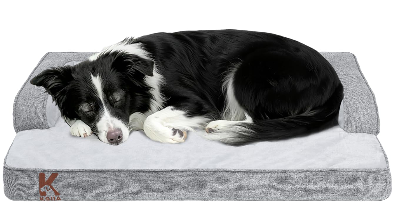 KSIIA Washable Dog Bed front view in grey with ergonomic support.
