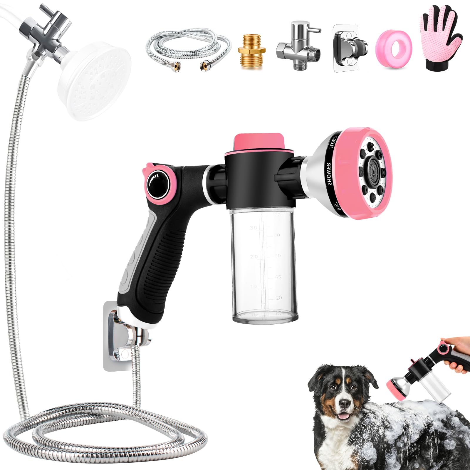 KSSZZCO dog shower attachment in use with 6-7ft hose for mess-free indoor baths.