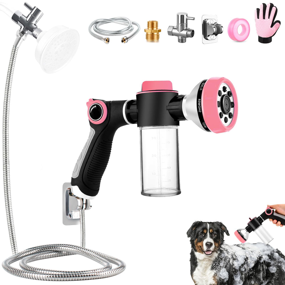 KSSZZCO dog shower attachment in use with 6-7ft hose for mess-free indoor baths.