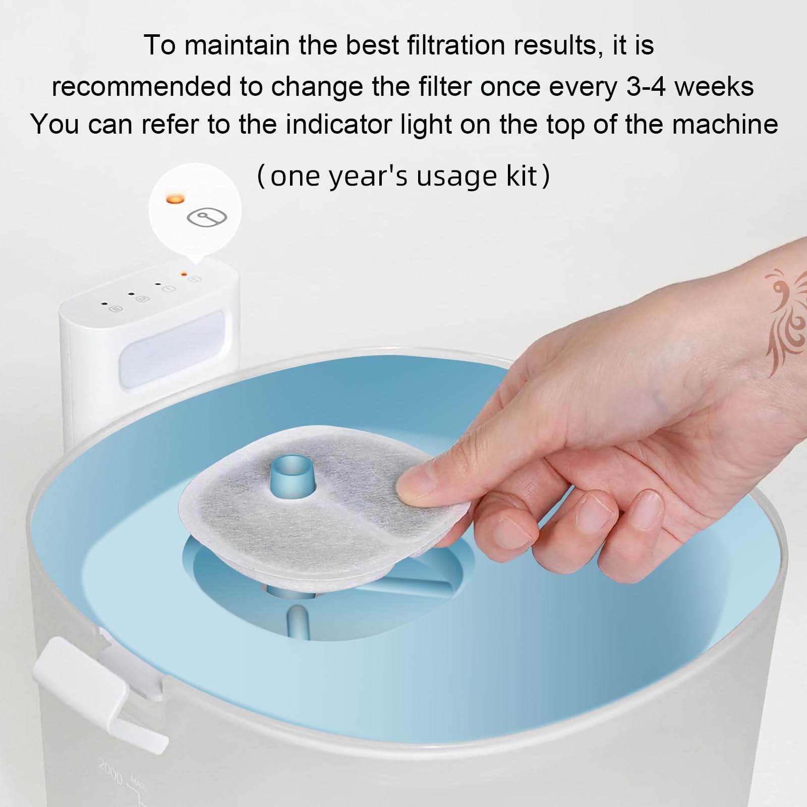 KTNAid E1 filter water fountain 2L capacity image communicates generous hydration for cats.