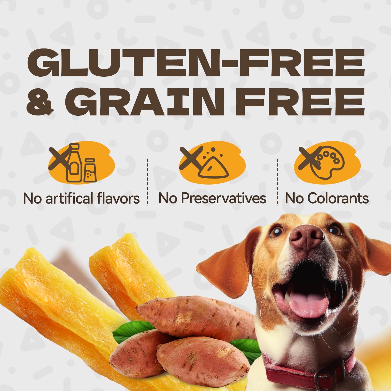 KUADELRO Sweet Potato Dog Treats highlighting dental-health benefits.