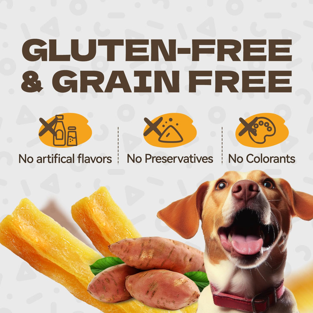 KUADELRO Sweet Potato Dog Treats highlighting dental-health benefits.