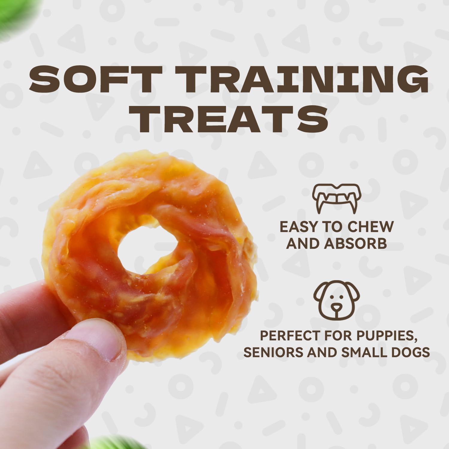 A dog chews KUADELRO Chicken Rings, enjoying a slow, satisfying chew
