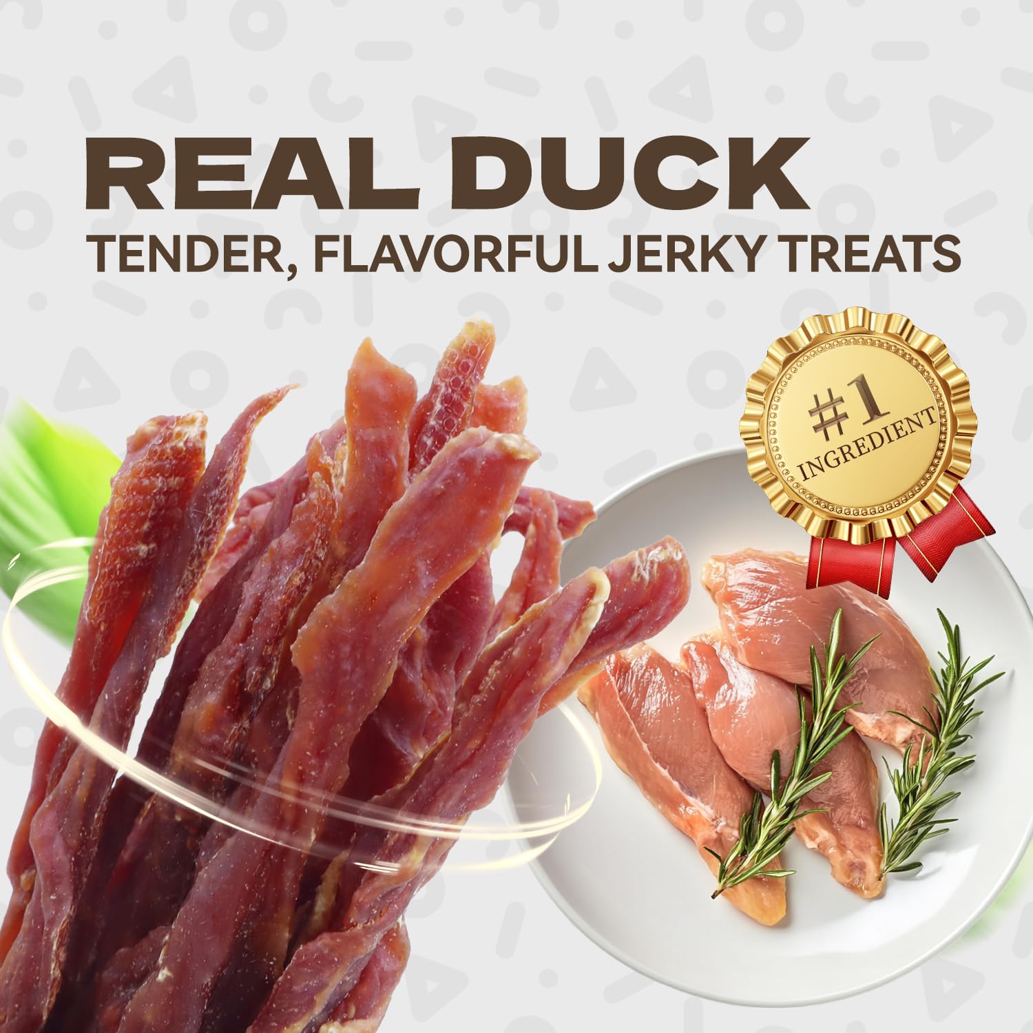 KUADELRO duck jerky treats closeup emphasizes real duck as primary ingredient for flavor.