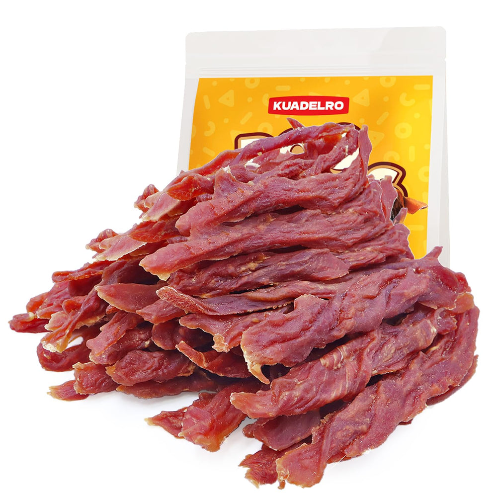 KUADELRO duck jerky treats pack shot highlights premium real duck quality for rewards.