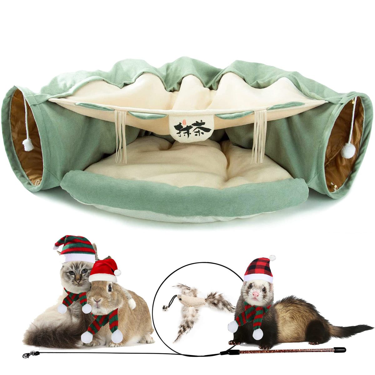 KUCDBUN cat-tunnel-bed-matcha-outer-view shows cozy den for nap and play.