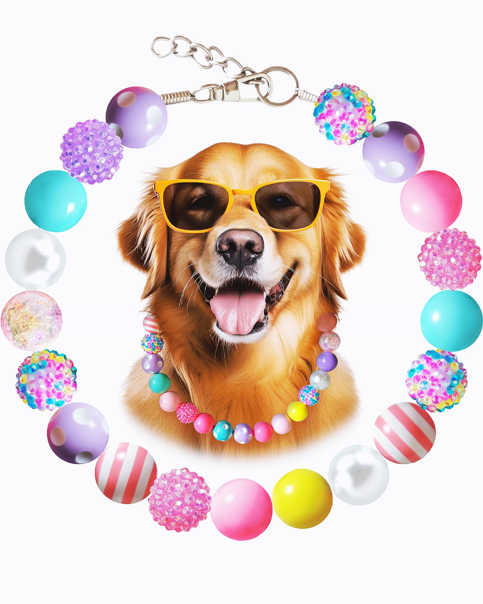 KUDES Bubblegum dog collar necklace beads closeup highlights bold colors for party photos.