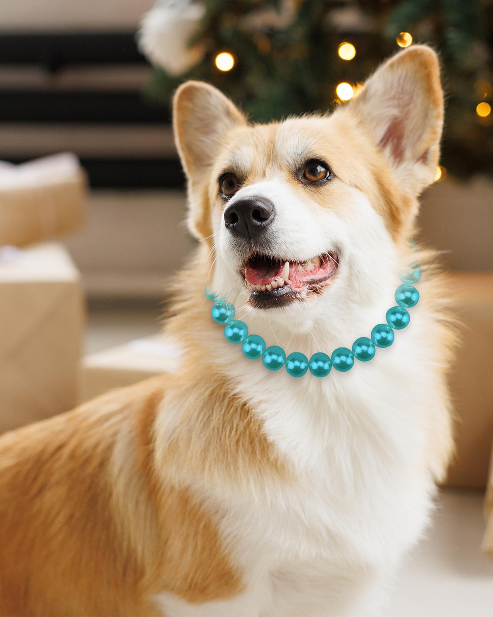 KUDES Chunky Pearl Dog Necklace size chart shows six fit options for medium to large breeds.