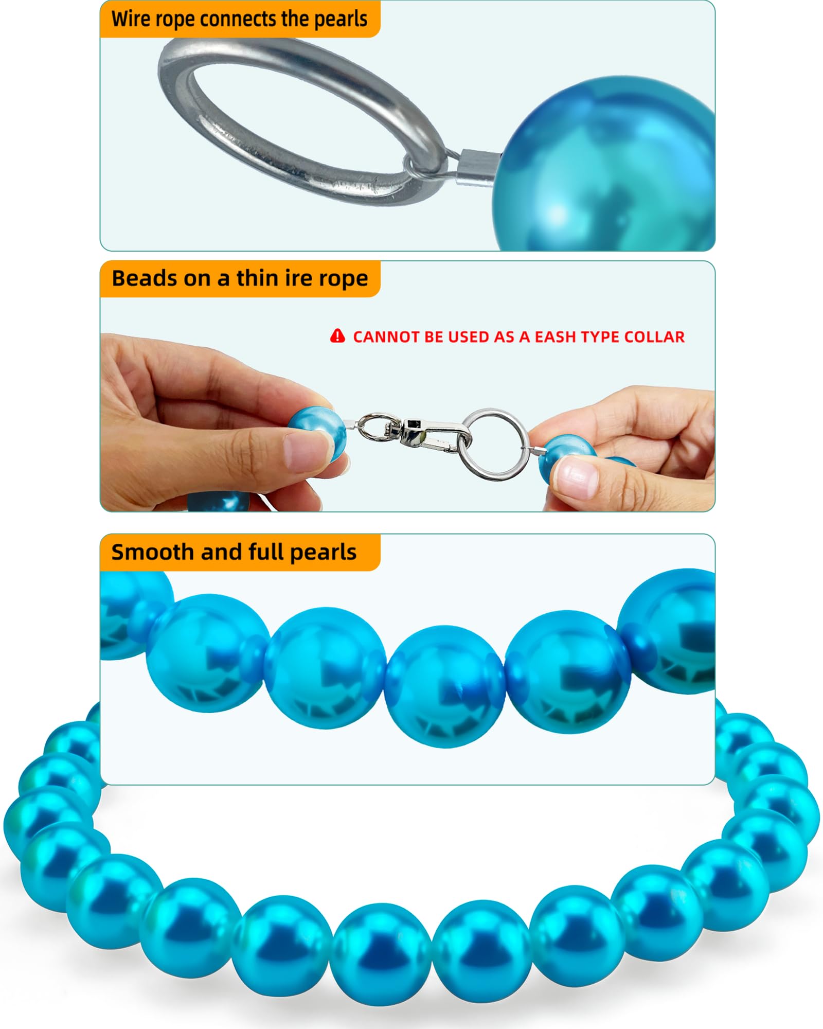 KUDES Chunky Pearl Dog Necklace turquoise side view emphasizes oversized 20mm pearls.