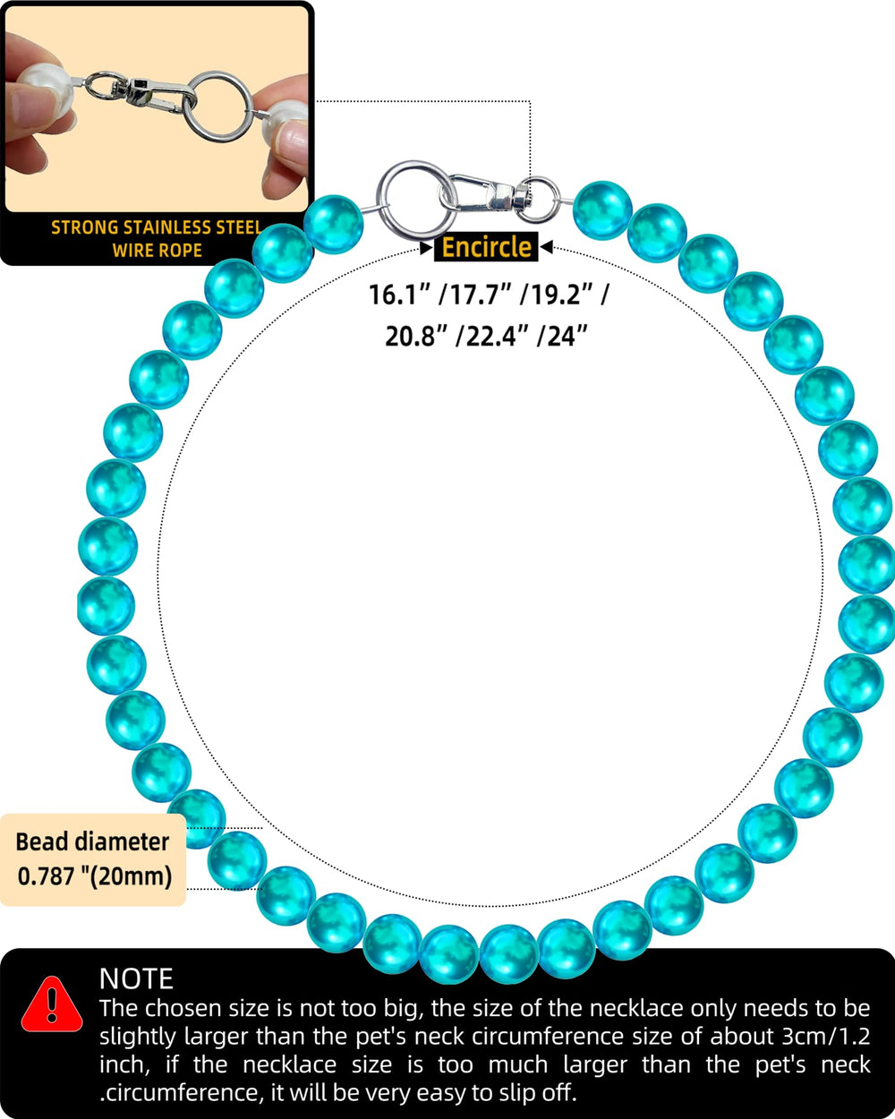 KUDES Chunky Pearl Dog Necklace turquoise size chart highlights 6 options for a secure fit.