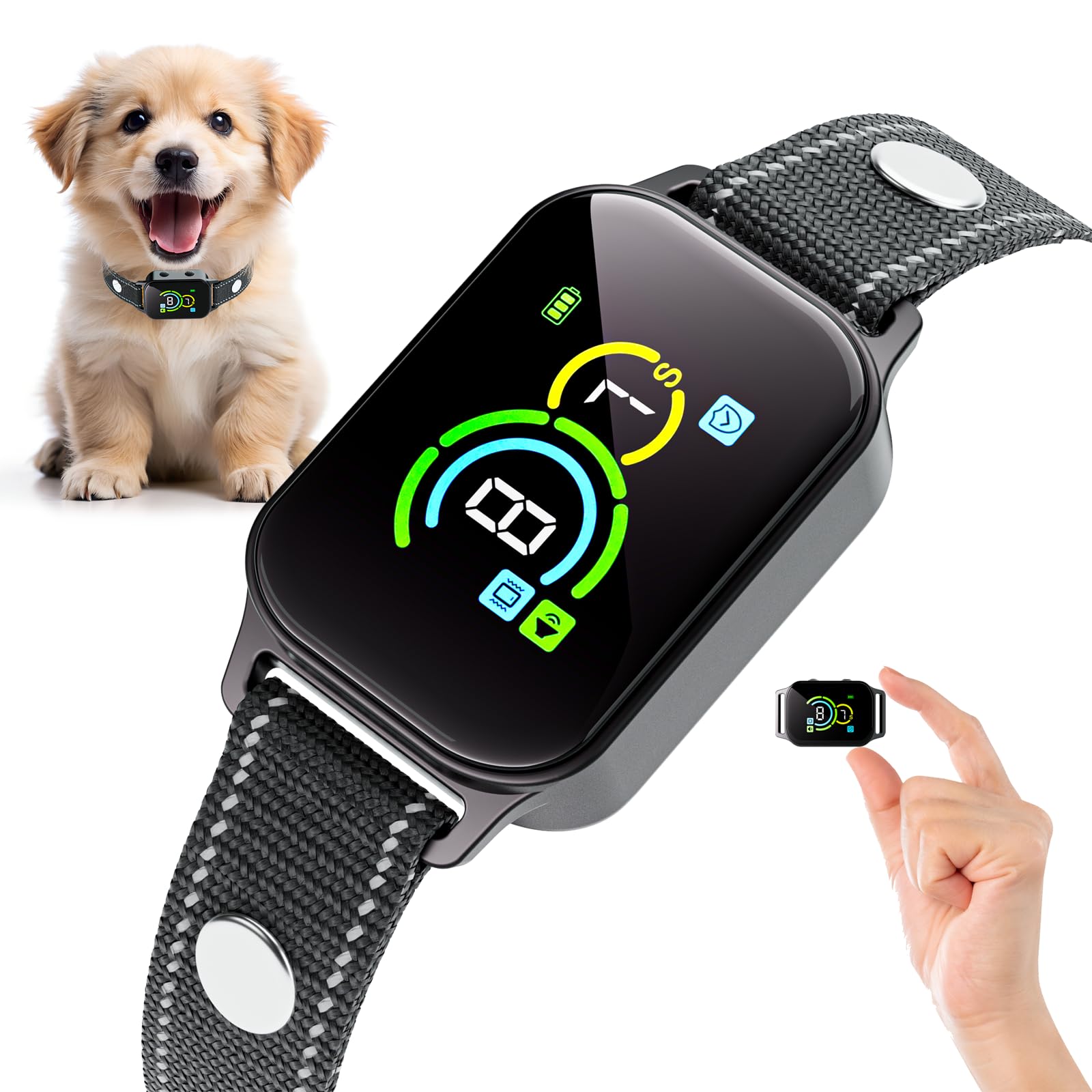 KUECU dog bark collar closeup in black shows quiet solutions for calmer outings.
