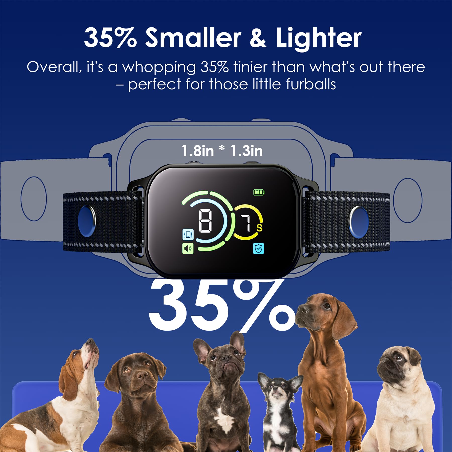KUECU rechargeable bark collar battery display illustrates quick charging and long operation.