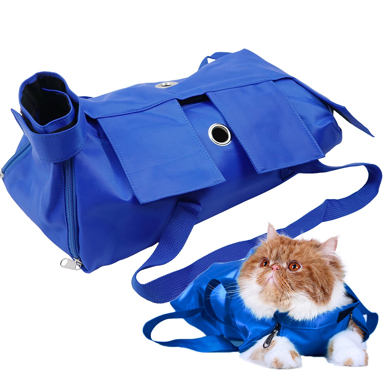 Kukaster Pet Cat’s Restraint Bag blue-m front view enables safe nail trims and calm grooming.