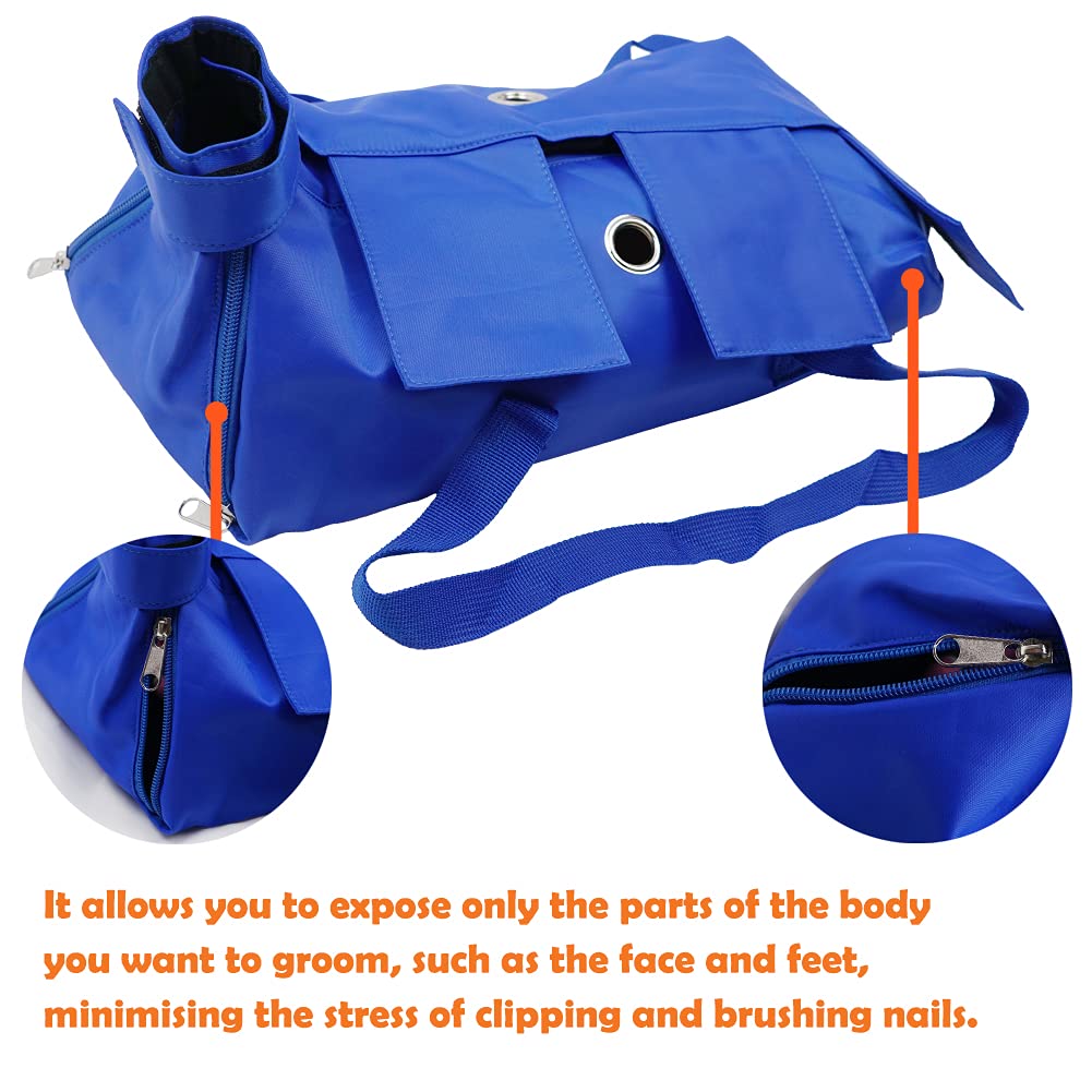 Kukaster Pet Cat’s Restraint Bag blue-m zipper-closure-legs demonstrates four-leg immobilization during procedures.