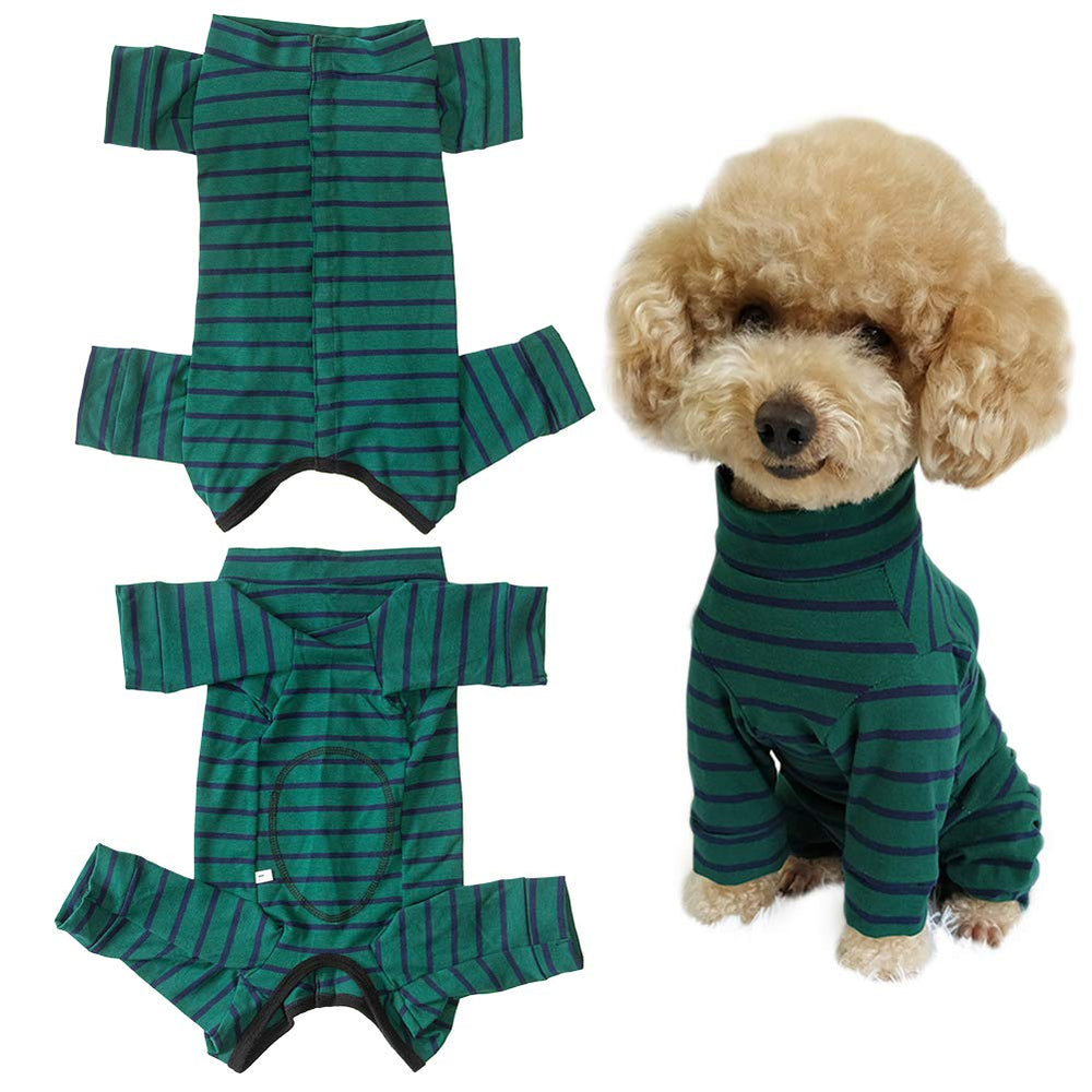 Kukaster Pet recovery suit front view in green-black stripe for post-surgery protection