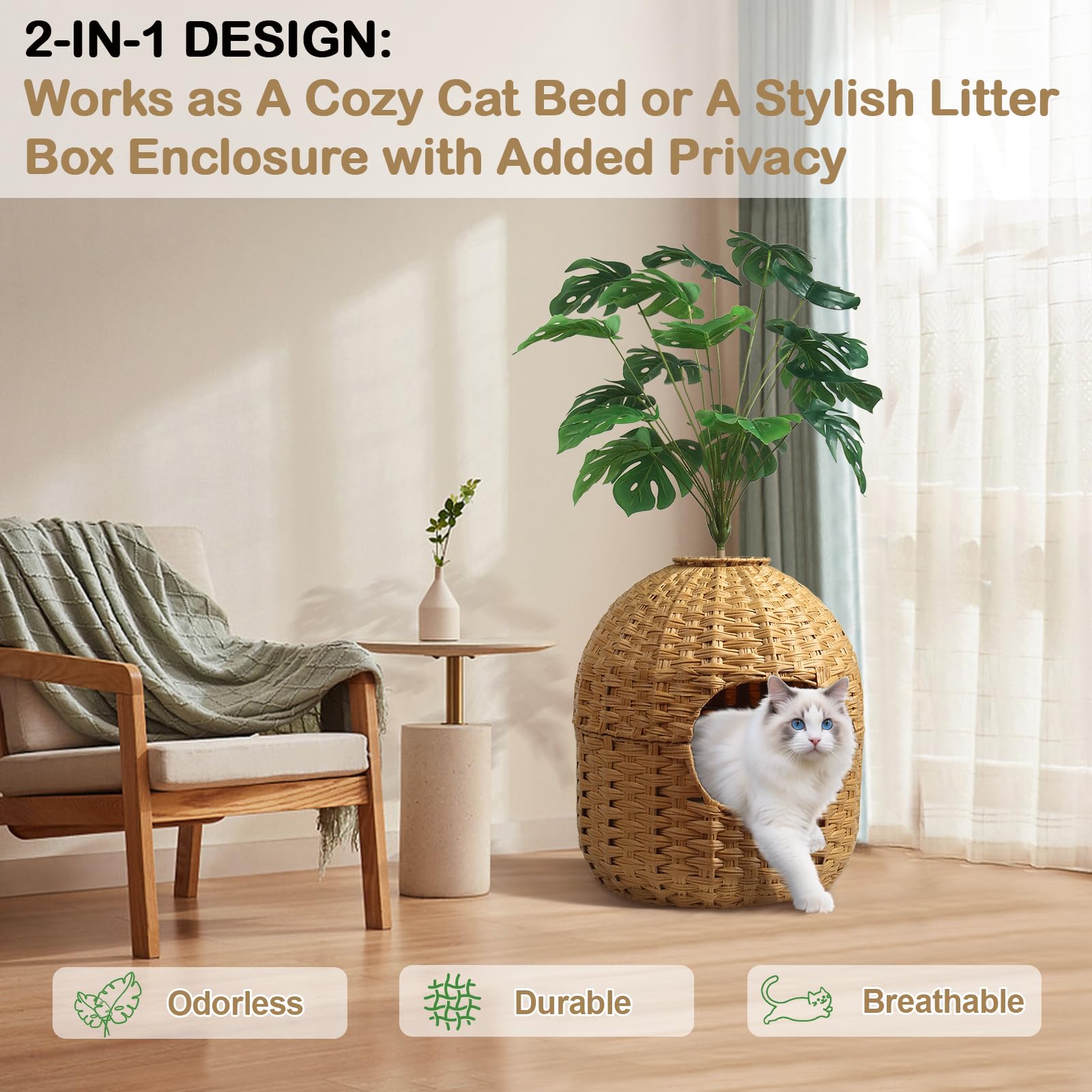 Kukikan top-view of faux plant hides litter area while adding visual appeal.