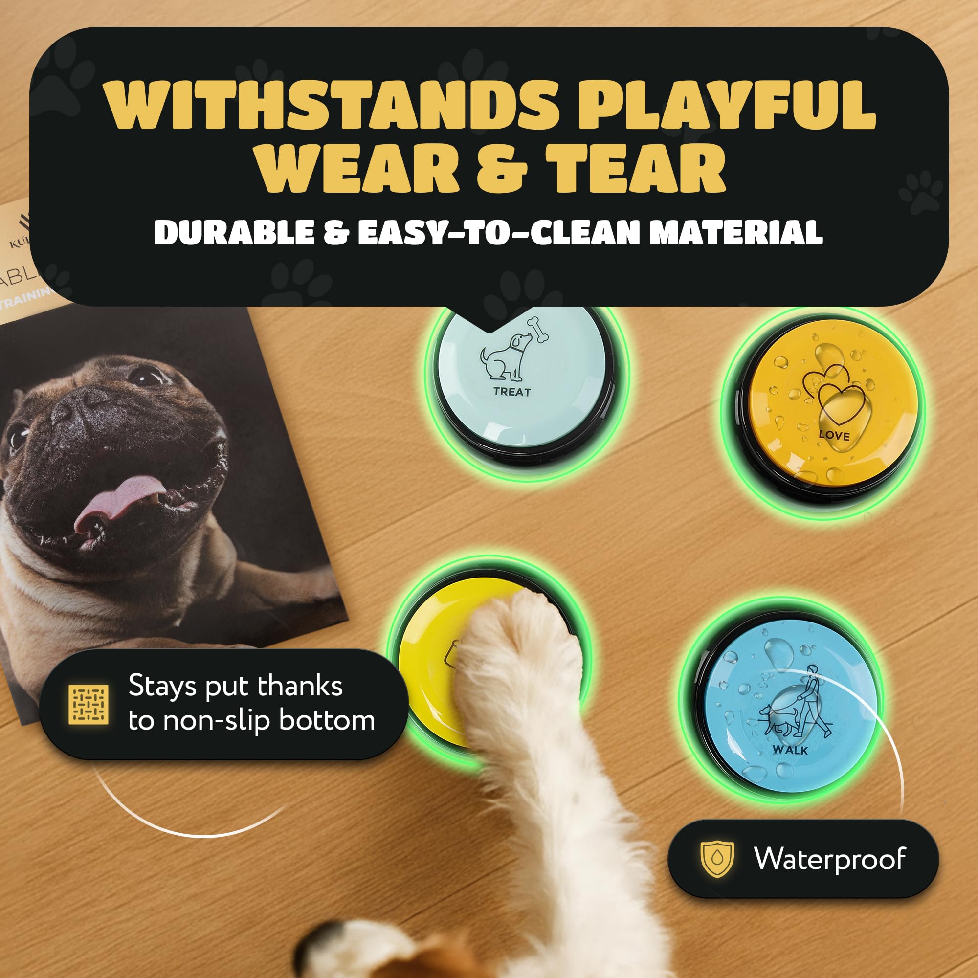 KUL KING'S dog buttons press-test showing easy, soft-click mechanism.