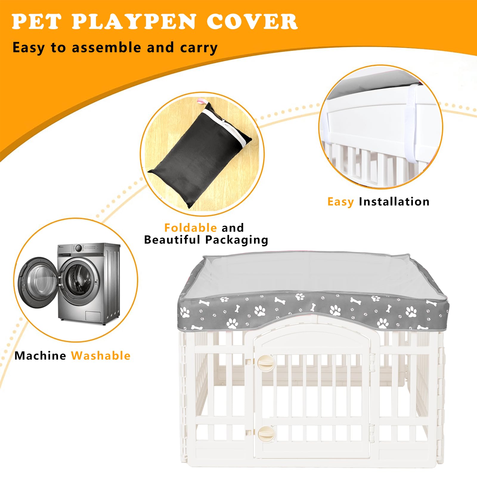 KUMOUARTS dog playpen top cover 36in gray easy-install with magic stickers