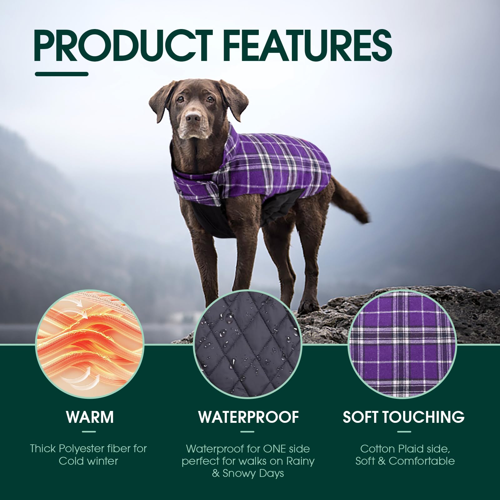 Kuoser dog coat with leash hole at back enables simple leash attachment on walks.