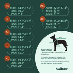 Kuoser dog puffer jacket back view reveals reflective strips for night safety.