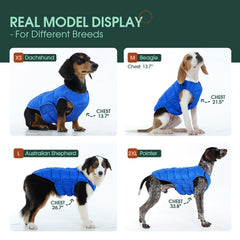 Kuoser dog puffer jacket side view shows snug fit for active large dogs.