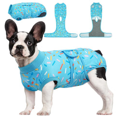Kuoser dog recovery suit front view with breathable fabric for comfortable post-op wear.