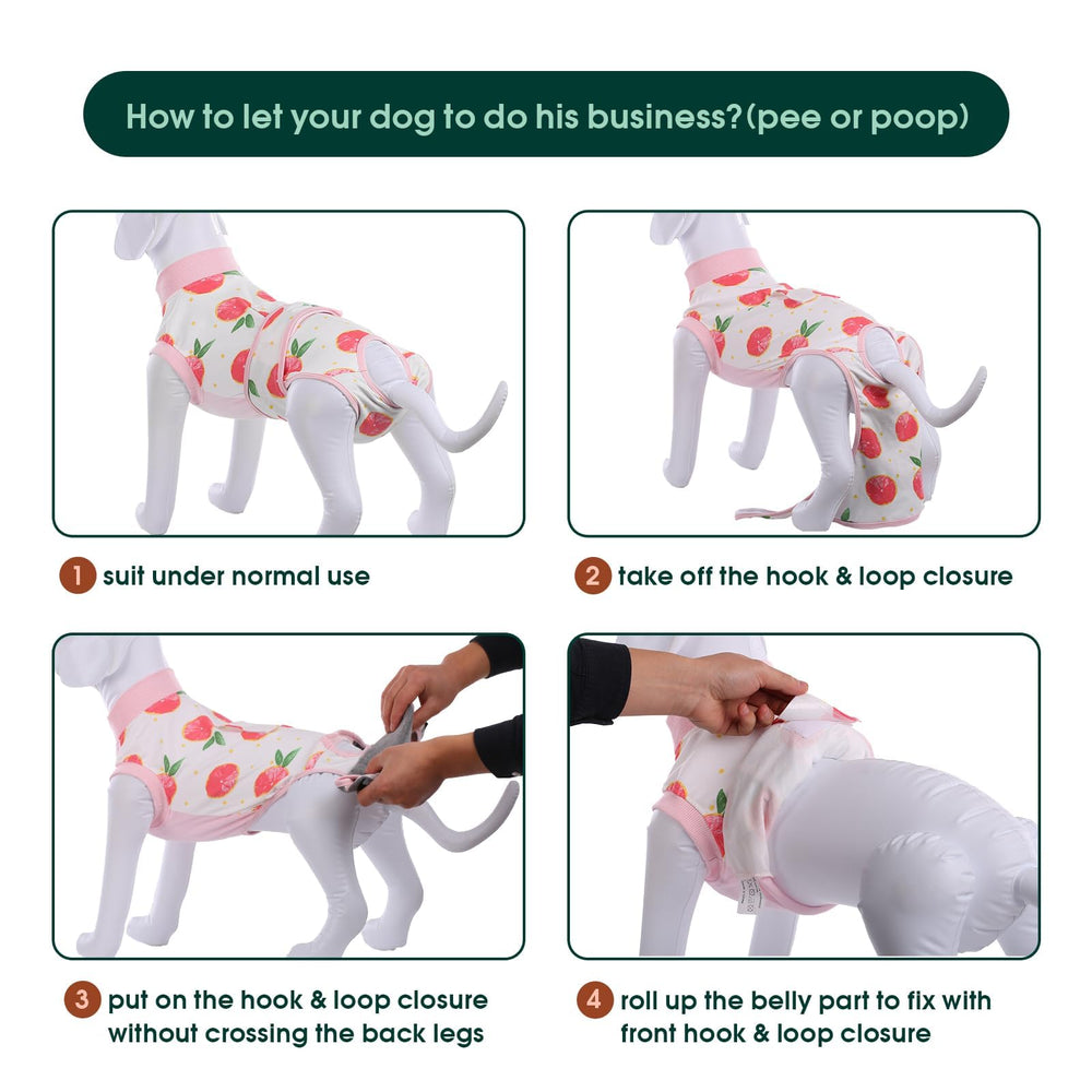 Kuoser dog recovery suit pink adjustable tapes ensure secure fit during bathroom breaks.