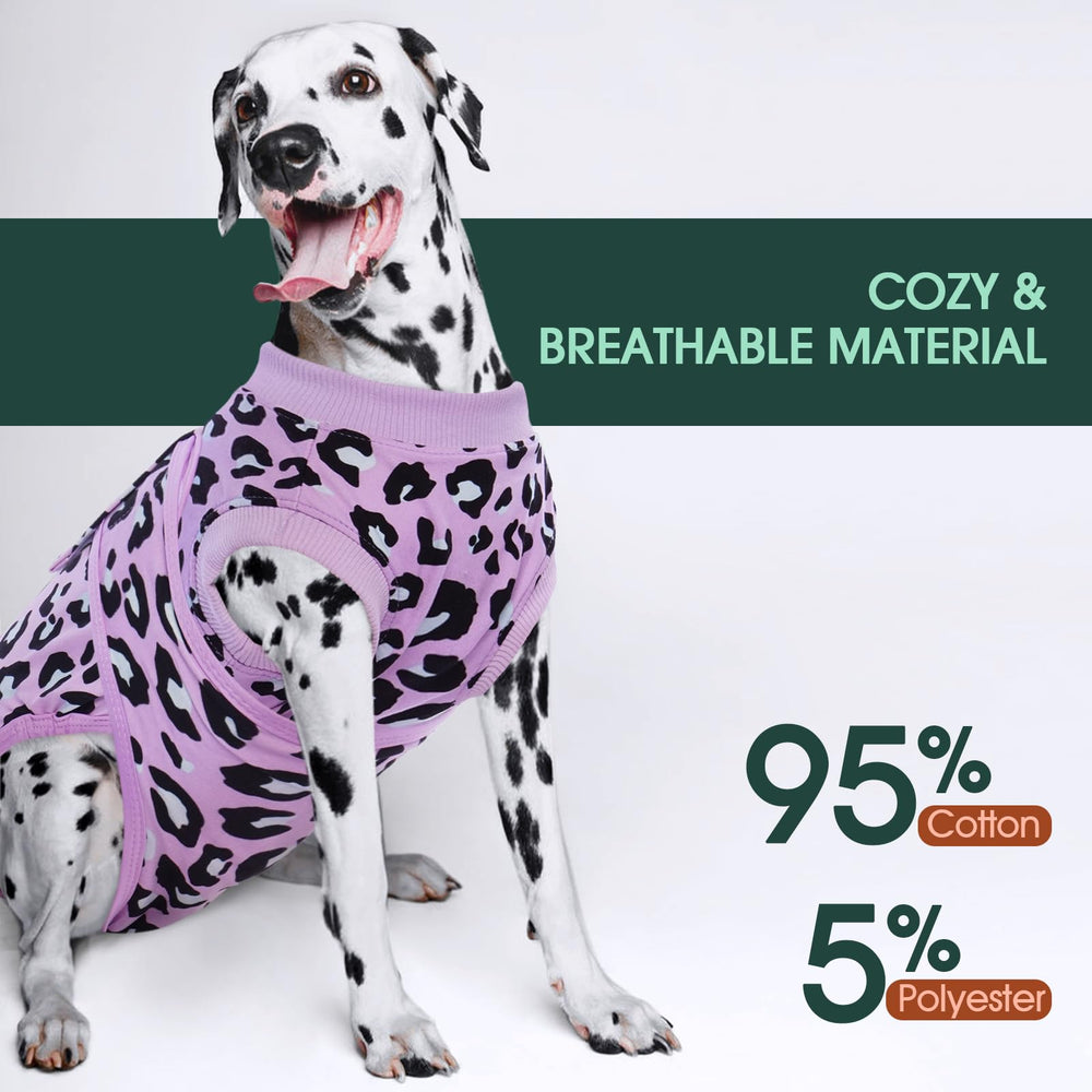 Kuoser dog recovery suit purple leopard M on-dog wearing shows comfortable coverage during rest and activity.