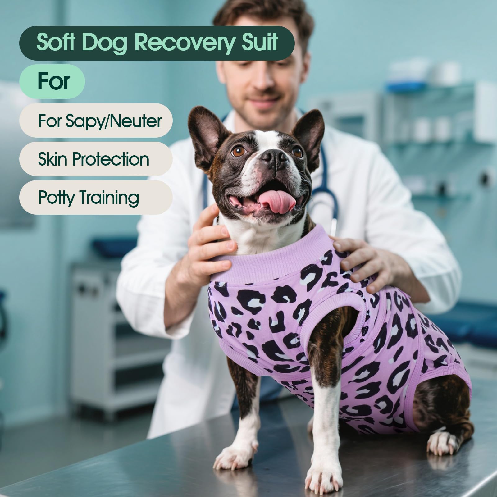 Kuoser dog recovery suit purple leopard M side view demonstrates secure fit for mobility and healing.