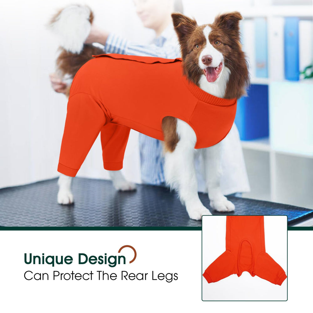 Kuoser dog recovery suit worn on dog illustrates non-restrictive movement during healing.