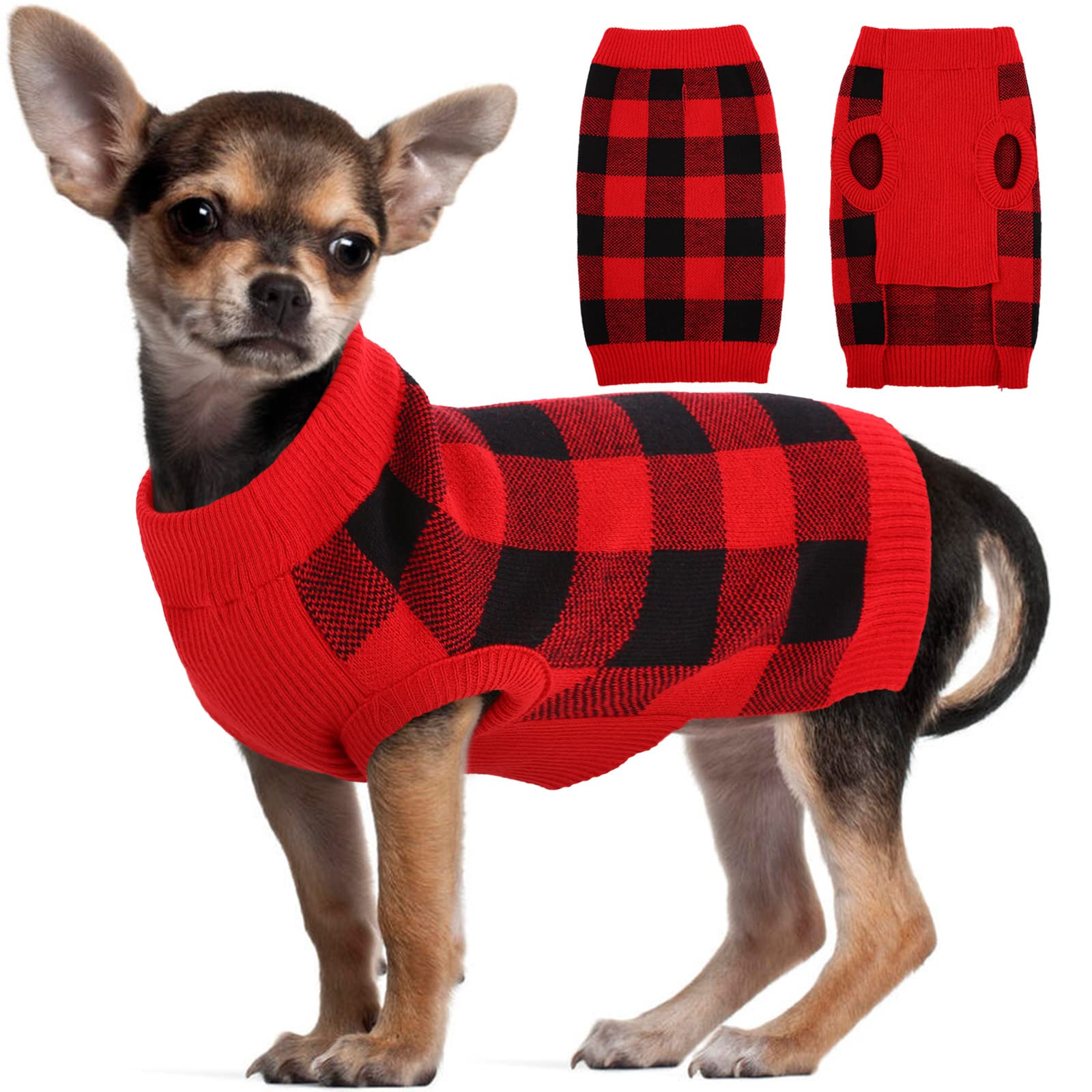 Kuoser dog sweater front view in red plaid for warm walks.