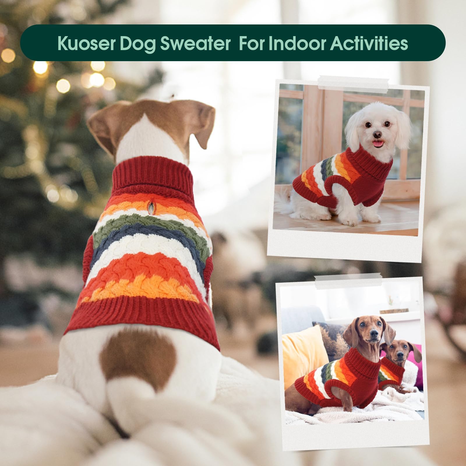 Kuoser dog sweater red on-dog model shows holiday-themed styling.