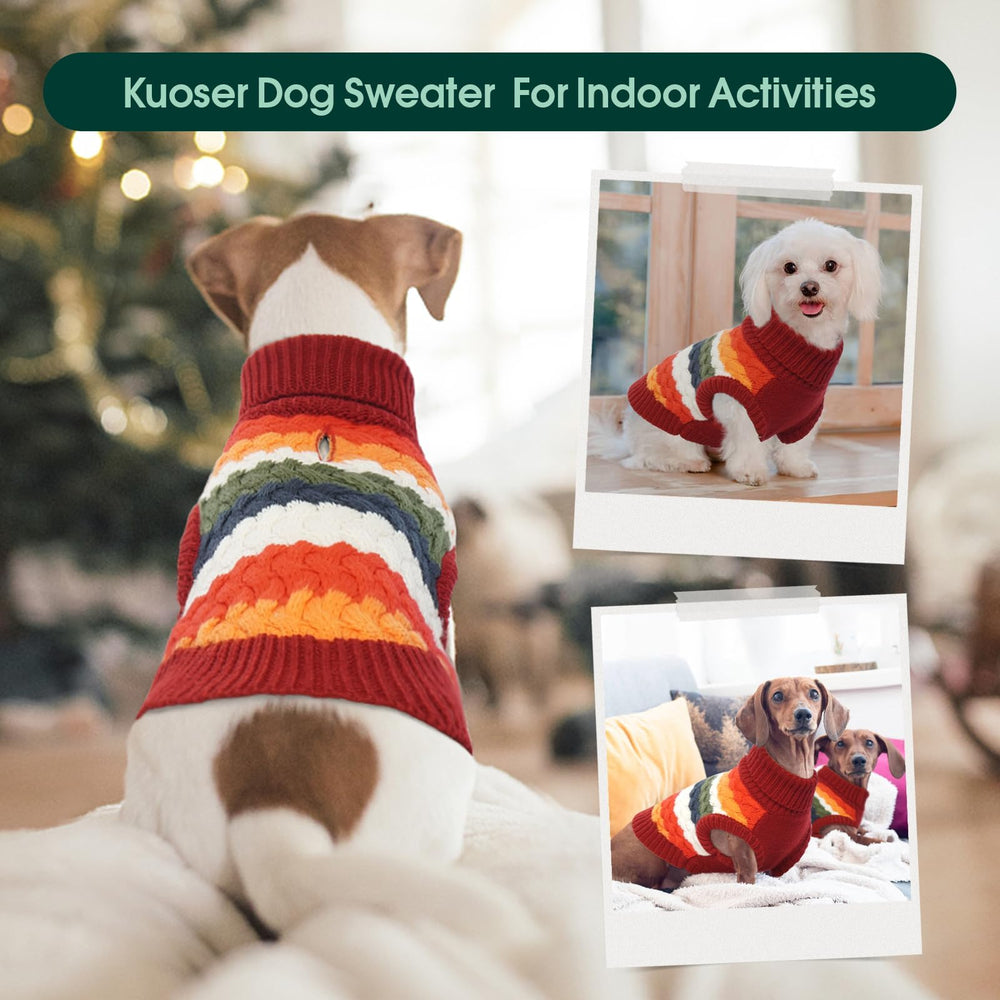 Kuoser dog sweater red on-dog model shows holiday-themed styling.