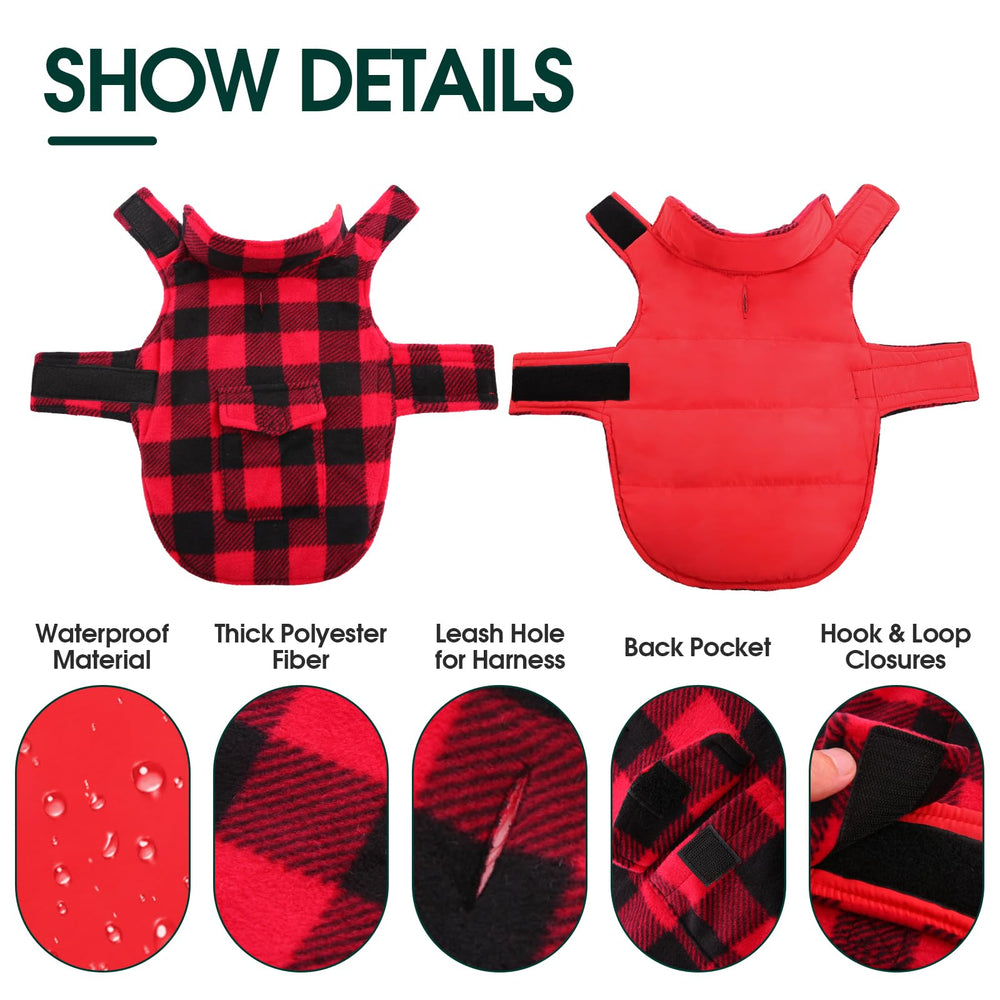 Kuoser dog winter coat plaid reversible interior offers two warmth options.