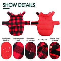 Kuoser dog winter coat plaid reversible interior offers two warmth options.