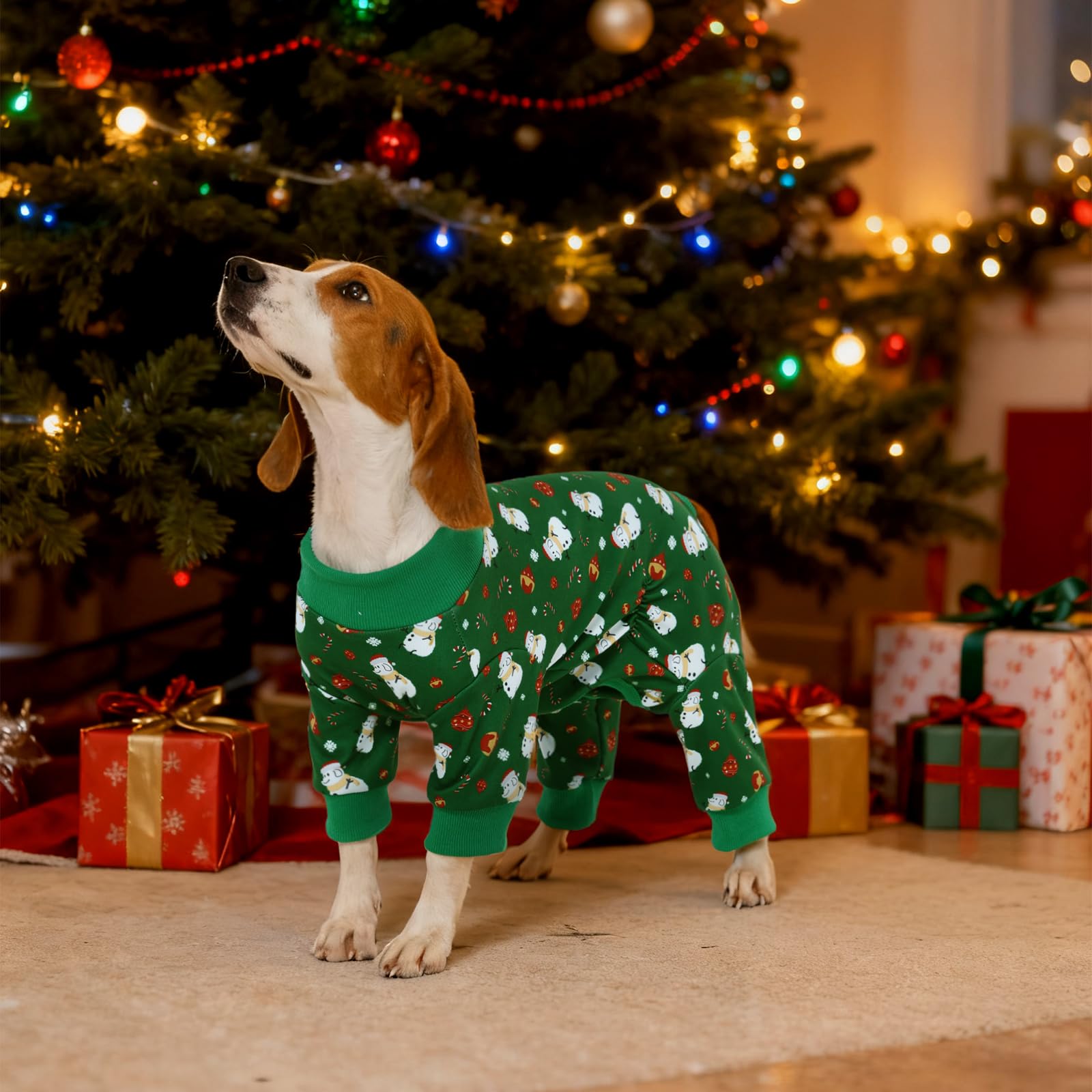 Kuoser dog winter pajamas green four-legged stay-put design eases potty breaks.