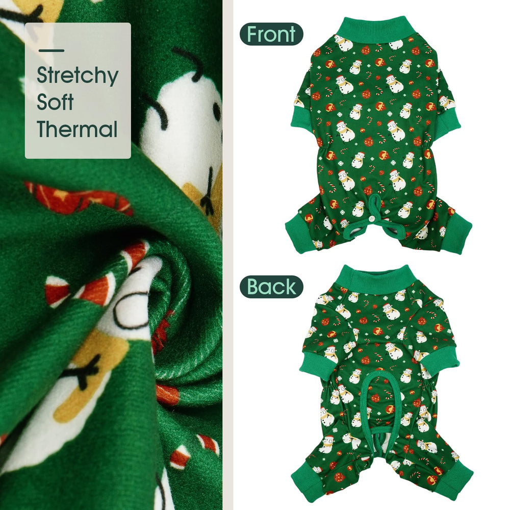 Kuoser dog winter pajamas green snowman pattern adds festive charm for photos.