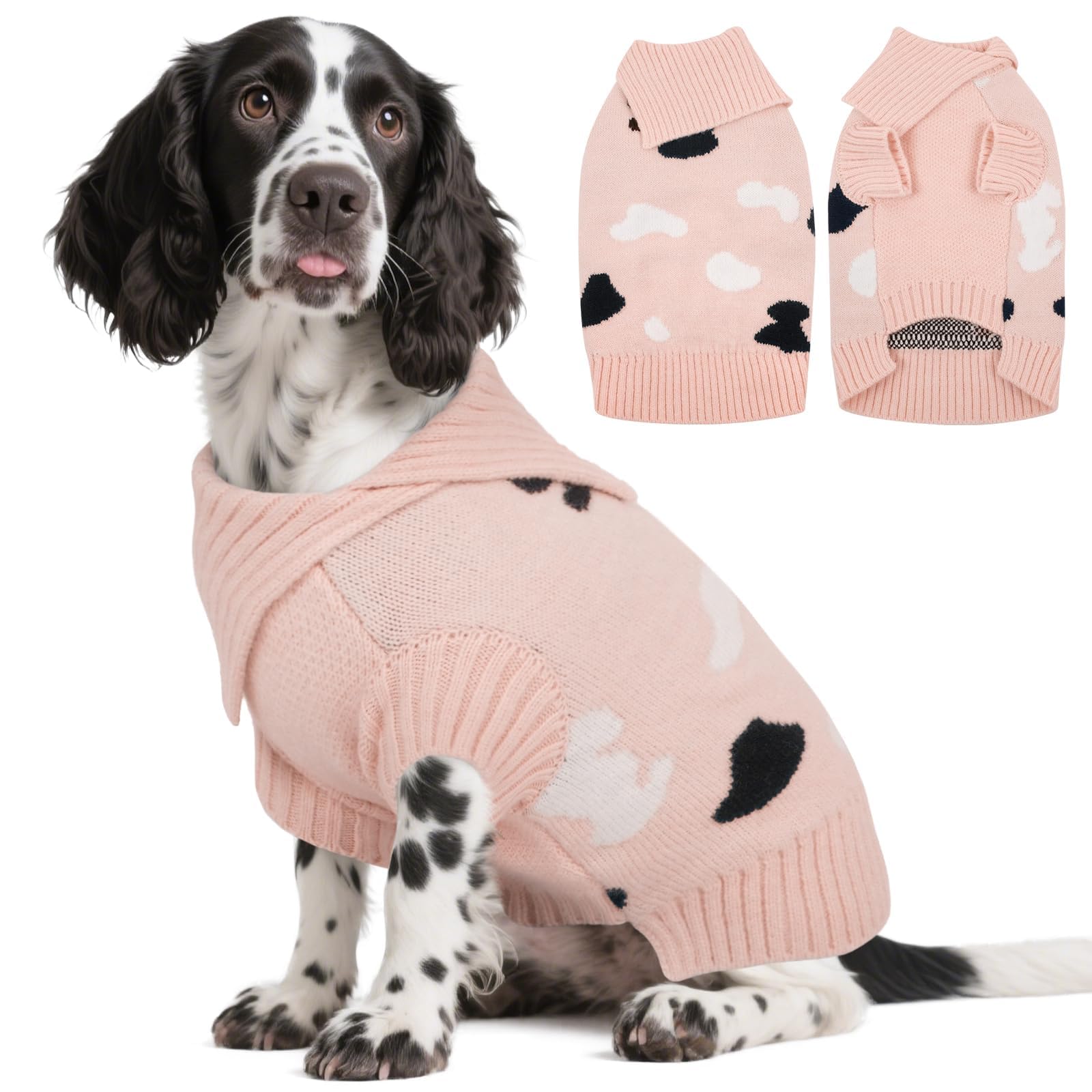Kuoser medium dog sweater pink cow-print detail provides stylish warmth for all breeds.